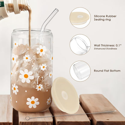 Daisy 16 Oz Can Glass Tumbler with Acrylic Lid and Straw - Iced Coffee Cups for Women, Aesthetic Glass Cup Gift for Birthday Christmas