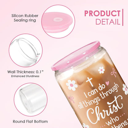 SANDJEST Christian Glass Can Tumbler 16oz, Inspirational Glass Cup with Lid & Straw, Iced Coffee Aesthetic Cups for Women Girls, Gifts Idea for Christmas Birthday