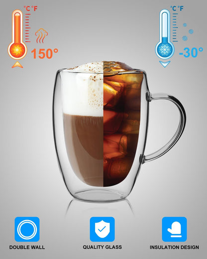 LIBWYS 4 Pack Double Walled Coffee Cups Glasses Mugs 12oz, Espresso Cappuccino Latte Tea Cups with Handle, Heat Resistant Borosilicate Clear Glasses 350ml