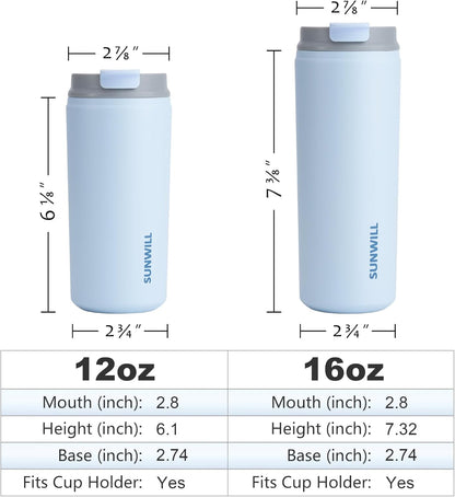 SUNWILL Travel Coffee Mug with Lid, Leak Proof Tumbler Stainless Steel, 16 oz Insulated Cup for Water, Tea, Ice, Powder Coated Iceberg