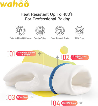 wahoo Professional Liquid Silicone Oven Mitts Gloves, Heat Resistant Gloves for Cooking, Baking, CoralAir Liner, 12 Inch, White, X-Large