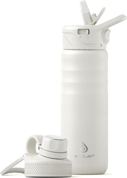 IDEUS Insulated Stainless Steel Water Bottle with 2 Leak-Proof Lids, Thermal Water Flask for Hiking Biking, 24oz, White