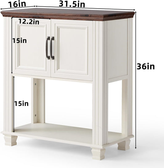Farmhouse Coffee Bar Station with 2-Door Cabinet, Small Kitchen Cabinet with Open Lower Shelf, Entryway Table with Storage for Dining Room, Kitchen, Hallway, Living Room, White