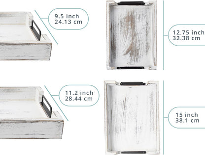 Rustic Wooden Serving Trays with Handle - Set of 2 - Large and Small Nesting Multipurpose Trays - for Breakfast, Coffee Table/Butler & More - Rustic White