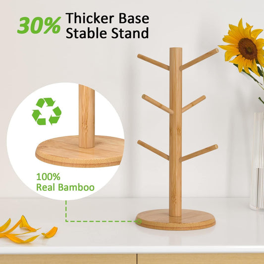 Wisuce Coffee Mug Tree Bamboo Mug Holder Coffee Cup Stand Mug Holders for Countertop Coffee Mug Rack Organizer Stand with 6 Hooks