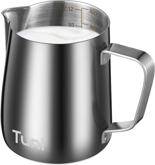 Tuni Milk Frothing Pitcher, 12oz/350ml Stainless Steel Milk Jug Steaming Cup, Milk Coffee Cappuccino Latte Art Steam Creamer Frother Pitcher