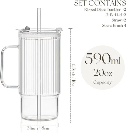 KEMORELA 2PCS 20 Oz Ribbed Glass Tumblers with Lids & Straws – Handle Iced Coffee Cups, Reusable Clear Drinkware for Smoothies & Cold Beverages – Dishwasher Safe