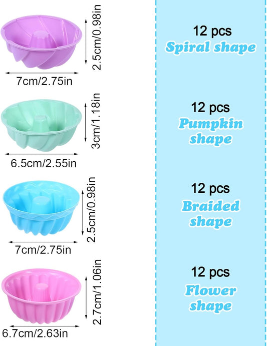 48Pcs Silicone Baking Cups, Non-stick 4 Shape Baking Molds, Heat Resistant and Resuable Mini Silicone Muffin Cups for Muffins, Jelly and Cake Baking