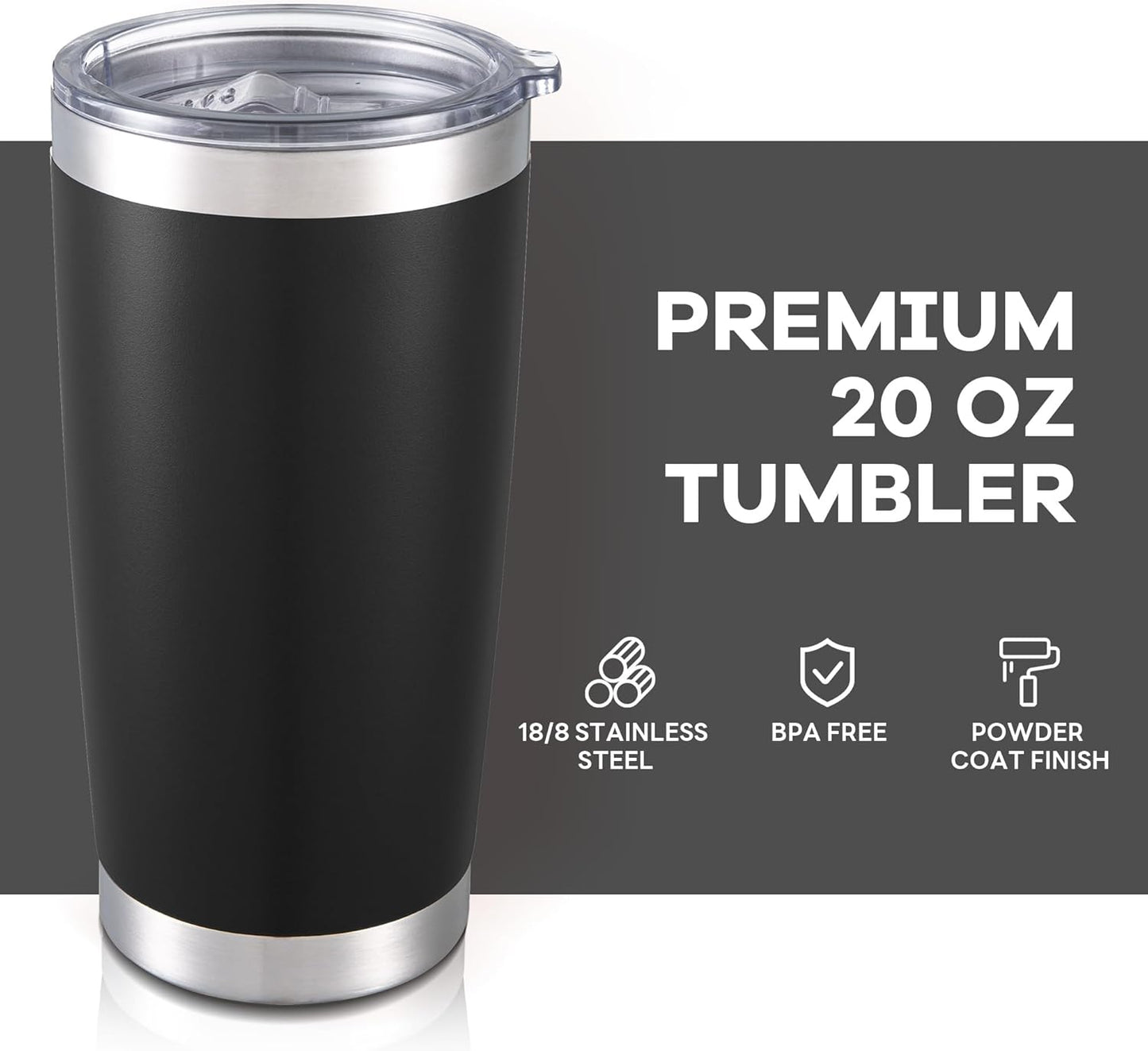 20 oz Tumbler with Lid Stainless Steel Double Wall Vacuum Insulated Tumblers Powder Coated Cups Travel Mug Keep Drinks Cold and Hot, Black