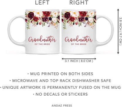 Andaz Press 11oz. Wedding Ceramic Coffee Tea Mug Gift, Fall Autumn Marsala Burgundy Flowers Roses Florals, Grandmother of the Bride, 1-Pack, Includes Gift Box