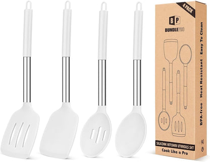 Pack of 4 Silicone Cooking Utensils Set, Non Stick Large Solid Spatulas, Heat Resistant Slotted Spoons, Ideal BPA Free Kitchen Turners for Frying, Mixing,Serving,Draining,Turning,Stirring (WHITE)