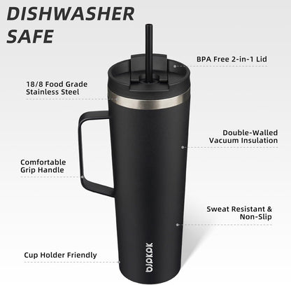 BJPKPK Insulated Tumbler with Handle, 30oz Insulated Tumblers with Lid and Straw, Stainless Steel Metal Water Bottles, Coffee Travel Mugs, Cups, Black