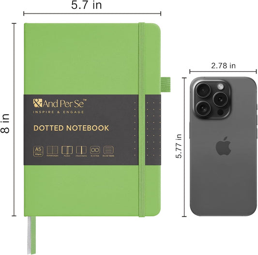 &And Per Se Dotted Journal Notebook, A5 Hardcover Leather Bullet Dotted Journal, 160 Pages 100 gsm Thick Dotted Paper，3 Sheets of Stickers Included - 5.7'' x 8'' (Pastel green)