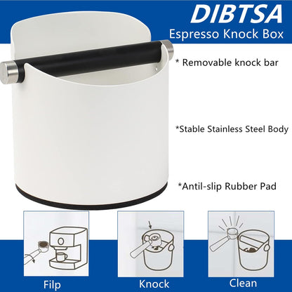 Coffee Knock Box, Espresso Knock Box Stainless Steel Espresso Machine Accessories with Removable Knock Bar and Non-Slip Base Coffee Grounds Container Bin, Large (White)