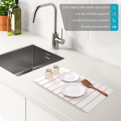 Extral Large Quick Dry Stone Drying Mat for Kitchen Counter,24x16 Inch Collapsible Eco-Friendly Absorbent Diatomaceous Earth Mat for Dishes Cups,Dish Drying Mats (White-Love Shape, 24x16 inch)