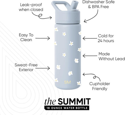 Simple Modern Kids Water Bottle with Straw Lid | Vacuum Insulated Stainless Steel Metal | Reusable Leak Proof BPA-Free Thermos for School | Summit Collection | 18oz, Sweet Daisy on Blue
