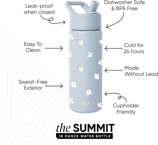 Simple Modern Kids Water Bottle with Straw Lid | Vacuum Insulated Stainless Steel Metal | Reusable Leak Proof BPA-Free Thermos for School | Summit Collection | 18oz, Sweet Daisy on Blue