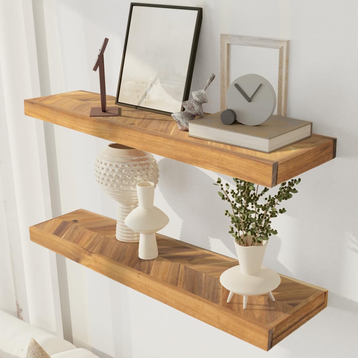 36" Acacia Chevron Floating Shelves Set of 2 - Wall Mounted Wooden Shelf for Stylish Home Décor - Natural Color - 36x6.7x1.5 Inches
