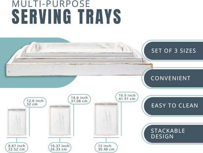 Serving Trays Set of 3 - Ottoman Wood Trays for Entertainment, Food and Decor - Rustic Farmhouse Distressed Wood Finish - Solid White