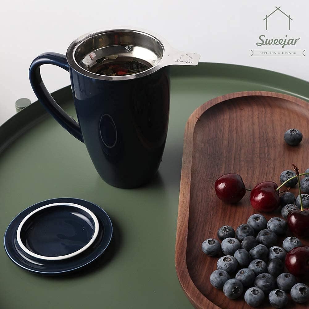 Sweejar Porcelain Tea Infuser Cup with Lid, 16 oz Tea Cup with Strainers for Loose Leaf Tea, Microwave and Dishwasher Safe Coffee Mug, Tea Steeping Mug for Tea Drinkers,Christmas Gift (Navy)