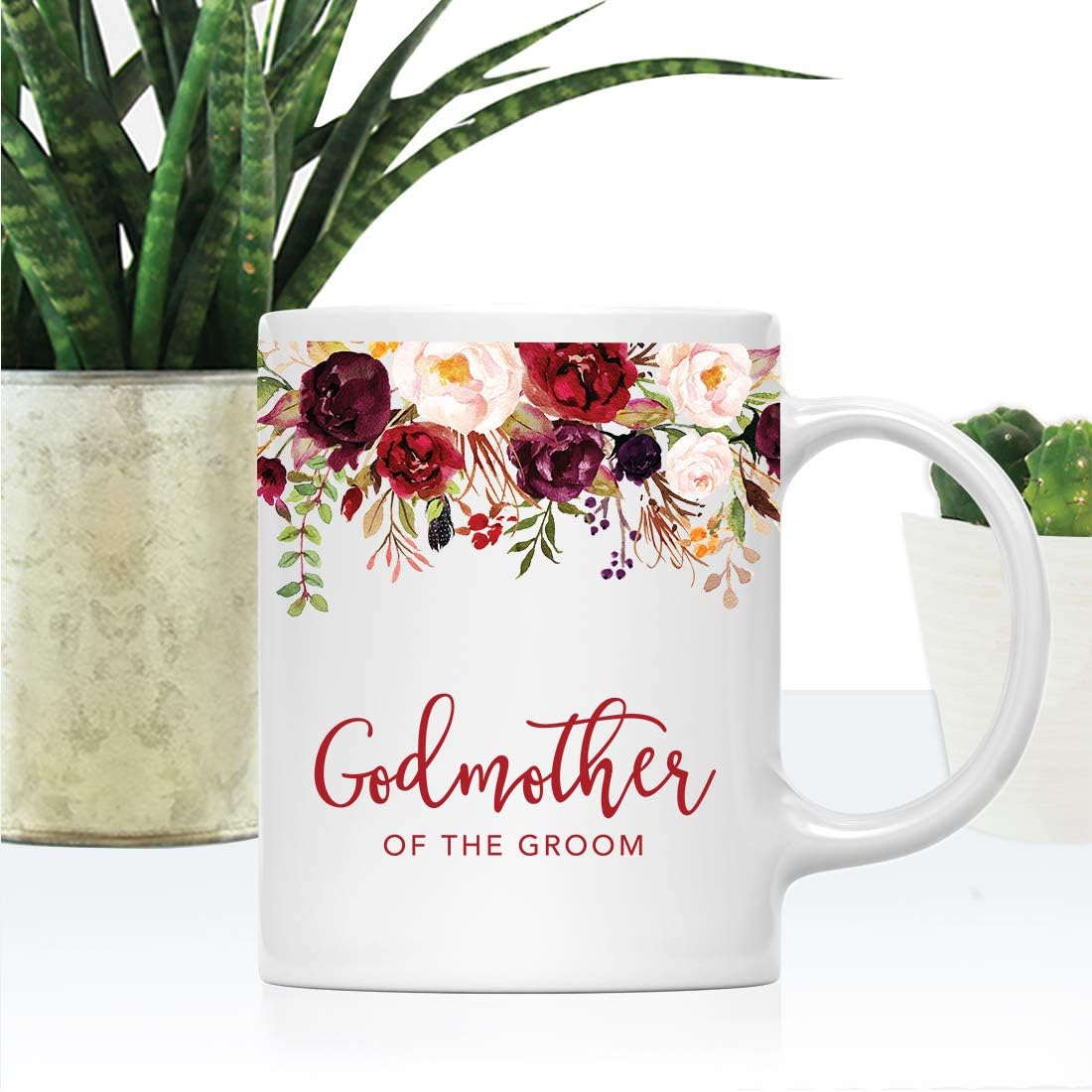 Andaz Press 11oz. Wedding Ceramic Coffee Tea Mug Gift, Fall Autumn Marsala Burgundy Flowers Roses Florals, Godmother of the Groom, 1-Pack, Includes Gift Box
