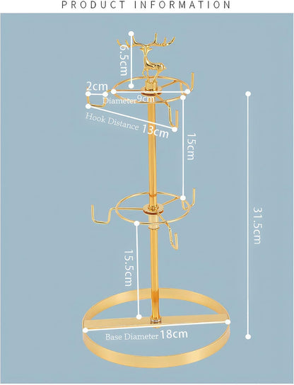 Coffee Mug Tree Holder for Counter,Double Tier Mug TeaCup Metal Holders Countertop,Coffee Mug Tea Cup Stand Rack for Counter Top 6 Hooks(Gold,Elk Deer)
