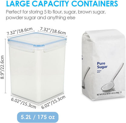 Vtopmart Large Food Storage Containers 5.2L / 175oz, 4 Pieces BPA Free Plastic Airtight Canisters for Flour, Sugar, Baking Supplies, Rice with Lids, 4 Measuring Cups and 24 Labels, Blue
