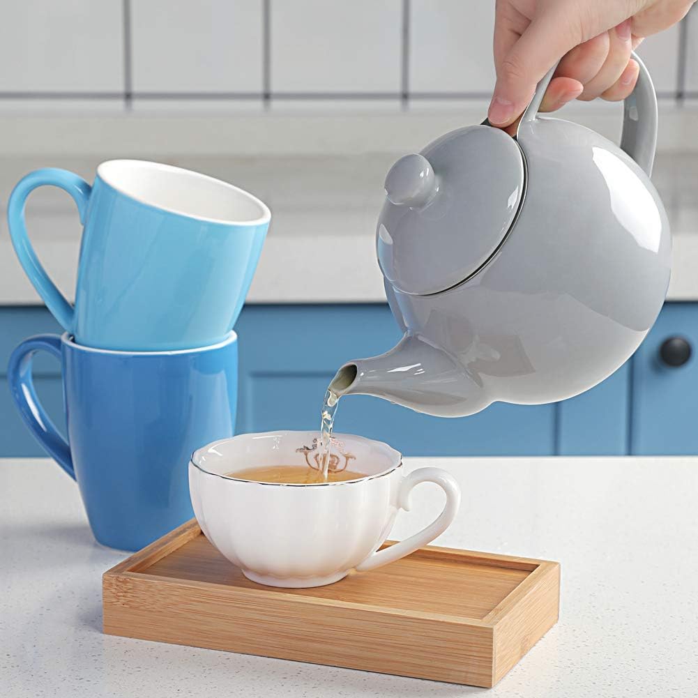 Sweejar Porcelain Teapot with Removable Stainless Steel Infuser,Microwave & Dishwasher Safe Tea Pots for Loose Tea,Tea Infuser Pots for Chrismas Women Gift (30oz Gray)