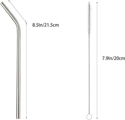 10 Pcs Stainless Steel Straws, Reusable Drinking Straws, Bent Metal Straw Sets with 2 Pcs Cleaning Brushes (Silver, 8.5 Inch)