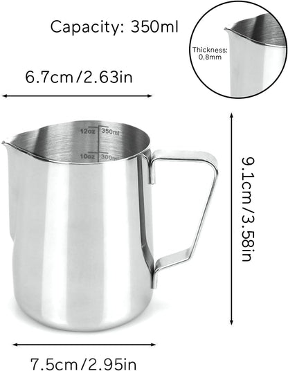 12oz Milk Frothing Pitcher, Stainless Steel Espresso Latte Cup Steaming Pitcher Creamer Cup, Milk Frother Cup Espresso Machine Accessories Barista Tools Jug for Coffee Cappuccino with Latte Art Pen