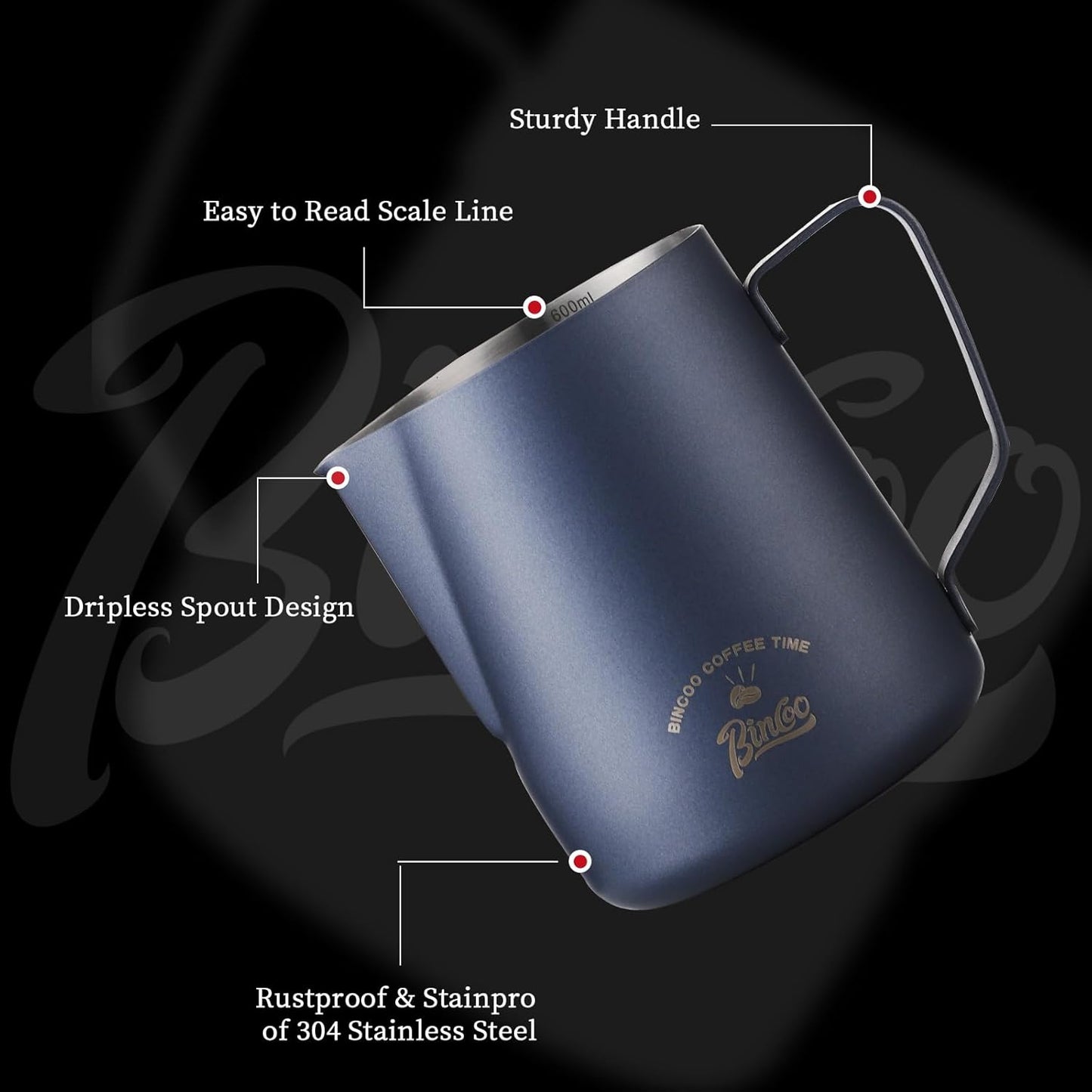 Milk Frothing Pitcher, 20OZ/600ML Stainless Steel Espresso Steaming Pitcher Coffee Milk Frother Cup with Handle and Scale