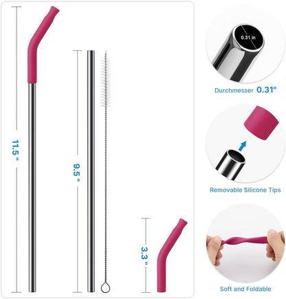 Repeatable Metal Straw with Silicone Tips for 30 oz Stanley Tumbler, 2 Pcs 30 oz Stainless Steel Straws Replacement for Stanley Tumbler, 1 Straw Brush, BPA Free（Fuchsia Red）