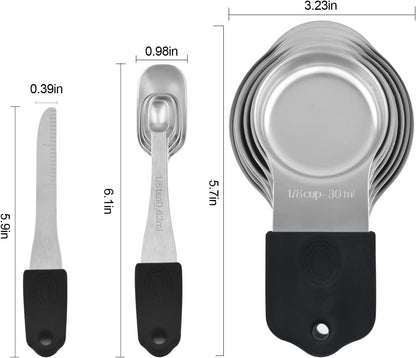 Magnetic Measuring Cups Set, 7 Pieces 18/8 Stainless Steel Stackable Nesting Heavy Duty Metal Measure Cups, Color Silicone Handle Kitchen Tools for Dry and Liquid Ingredients (14, Black)