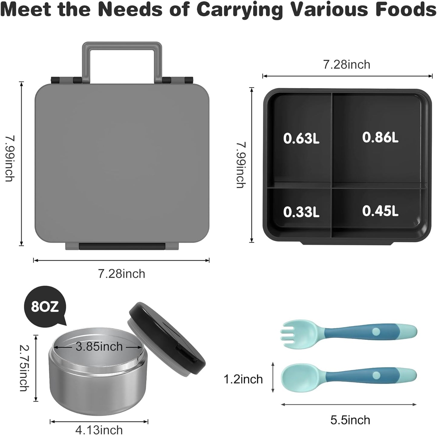 Bento Lunch Box with 8oz Soup Thermo, Kids Leakproof Lunch Food Containers with 4 Compartment, Kids Thermo Insulated Hot Food Jar for School, Trvael (Grey)
