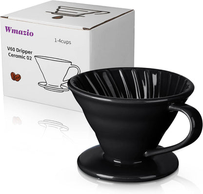 Pour Over Coffee Dripper - Ceramic Pour Over Coffee Maker Cone, Porcelain Coffee Drip, Pour Over Single Cup, Manual Brew Maker for Home, Cafe, Office - 1-4Cup, V60 Size 02 (Black)