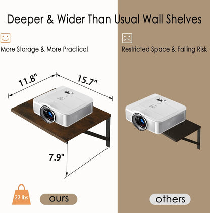 DINZI LVJ Deep Floating Shelves, 16"W x 12"D Wall Shelves Set of 2, Wide Display Shelf Wall Mounted with Brackets, Easy-to-Install Floating Bookshelf for Living Room, Bathroom, Bedroom, Rustic Brown