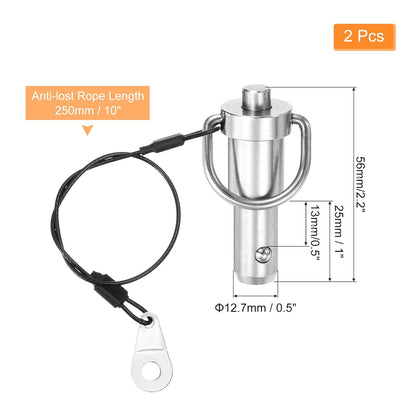 uxcell 2 Pcs Quick Release Pin, 1/2" x 0.5"(Dia. x L) Push-Button Ball Locking Pin 304 Stainless Steel Ring Handle Locking Pin with Wire for Audio Bimini Top Marine, Silver