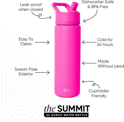 Simple Modern Water Bottle with Straw Lid Vacuum Insulated Stainless Steel Metal Cup Bottles | Reusable Leak Proof BPA-Free Flask for Gym Sports | Summit Collection | 22oz, Raspberry Vibes