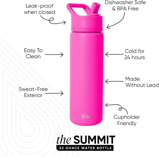Simple Modern Water Bottle with Straw Lid Vacuum Insulated Stainless Steel Metal Cup Bottles | Reusable Leak Proof BPA-Free Flask for Gym Sports | Summit Collection | 22oz, Raspberry Vibes