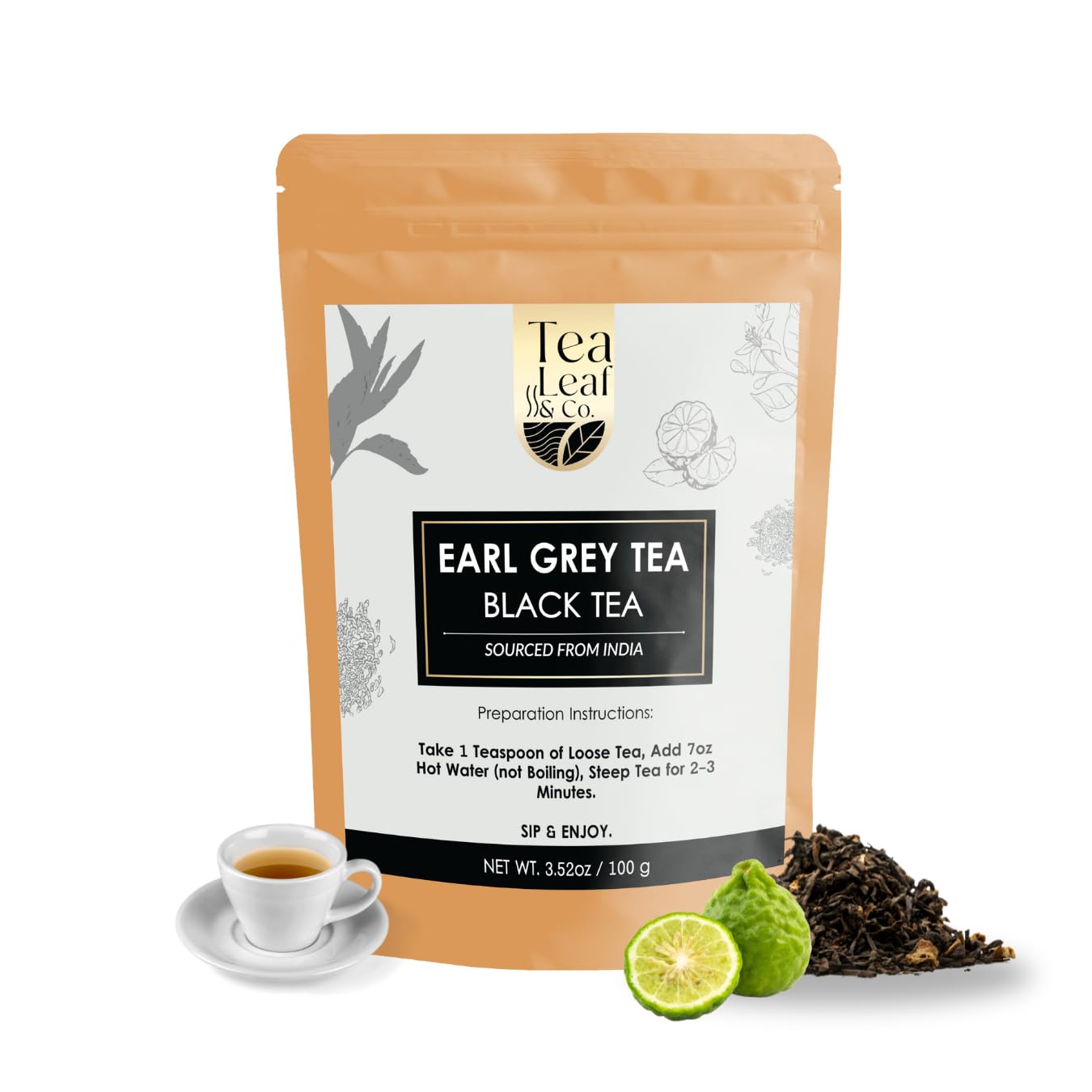 Tealeaf & Co. Earl Grey Black Tea Blended with Bergamot Extract (Loose Leaf Form) - Premium Sweet & Sour Flavored Tea - Contains Low Caffeine - Upto 50 Servings (3.52oz/100gm)