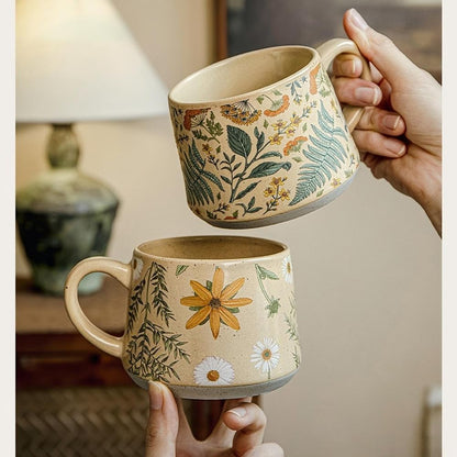 Floral Coffee Cup, 12oz Ceramic Hand Painted Porcelain Mug with Premium Gold Spoon, Cup for Cappuccino, Macchiato, Latte, Cafe, Tea, Unique Gift Idea (Summer's Whispers)