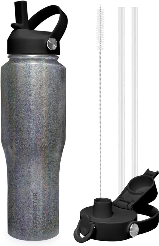 SENDESTAR 32oz Stainless Steel Water Bottle(Cold for 48 Hrs, Hot for 24 Hrs),Double Wall Vacuum Insulated Bottle with Straw Lid, Spout Lid and Flex Cap, Fit in Any Car Cup Holder TXIN-32-Laser Grey