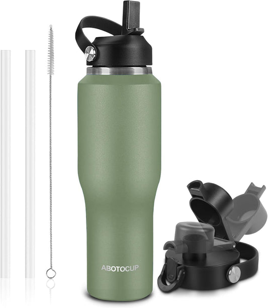 Insulated Water Bottle 32oz with Straw/Spout Lids, Stainless Steel Water Bottles Keep Cold 24h&Hot 12h, Metal Water Bottle with Straw that Fits in Cup Holder, Water Bottle Leak-proof,BPA Free