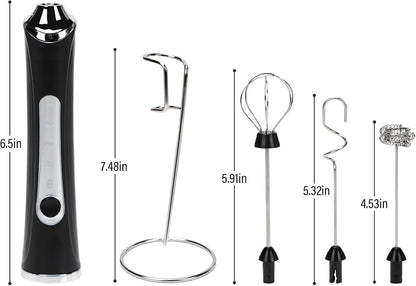 Rechargeable Milk Frother with Stand - 3 Speed Adjustable Electric Whisk, 3 Detachable Stainless Steel Heads for Latte, Cappuccino, Matcha, Egg(Black)