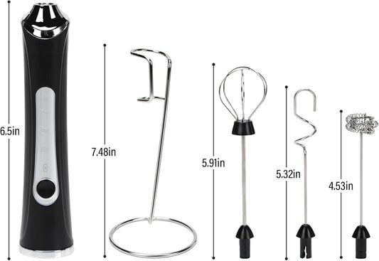 Rechargeable Milk Frother with Stand - 3 Speed Adjustable Electric Whisk, 3 Detachable Stainless Steel Heads for Latte, Cappuccino, Matcha, Egg(Black)