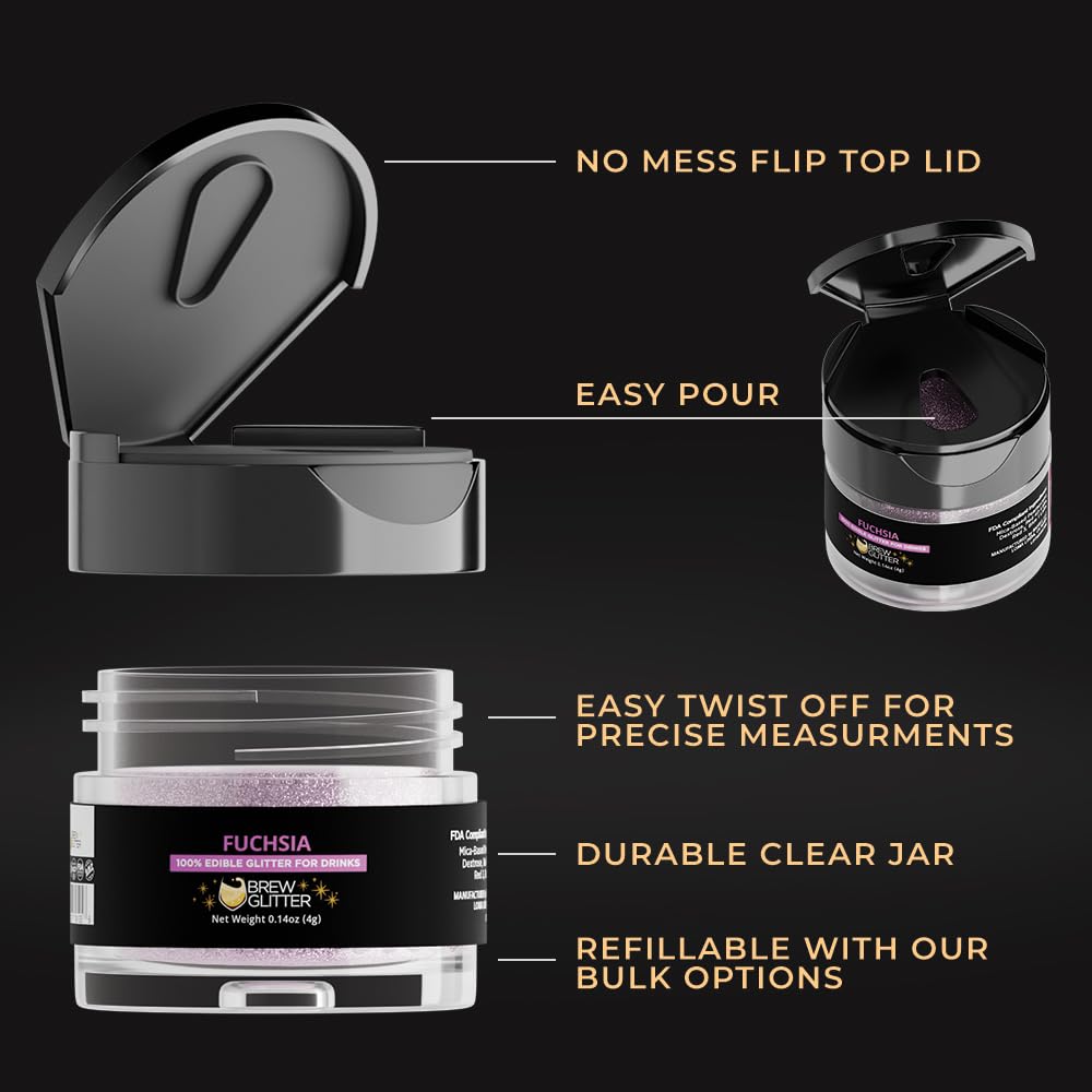 Brew Glitter Fuchsia Edible Drink Glitter 1x 4g Jar for Cocktails, Beer, & Beverages