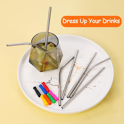 Lazycorner 16 Pcs Short Metal Straw, 6mm 5.5" 6.5" Kids Reusable Straw Silicone Tips Cleaner, Mini Small Stainless Steel Straws Fit 8 10 12 oz Tumbler/Wine Tumblers, Reusable Cocktail Straws(Silver)