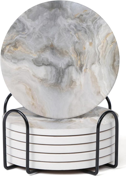 Set of 6 Abstract Gray White Marble Coasters with Holder, Absorbent Ceramic Coasters for Drinks, Coasters with Cork Backing for Table Protection, Housewarming Gifts for New Home