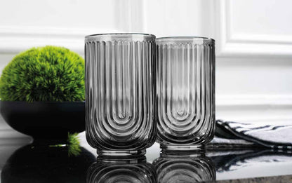Vintage Glassware Art Deco Highball Glasses Set of 4 Smoke Ribbed Drinking Glasses 17 Oz Black U-Shape Arch Design Colored Cocktail Kitchen Tumblers