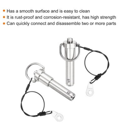uxcell 2 Pcs Quick Release Pin, 1/2" x 2"(Dia. x L) Push-Button Ball Locking Pin 304 Stainless Steel Ring Handle Locking Pin with Wire for Audio Bimini Top Marine, Silver